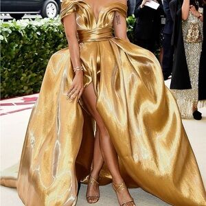 Glamorous Gold Off-Shoulder Prom Dress